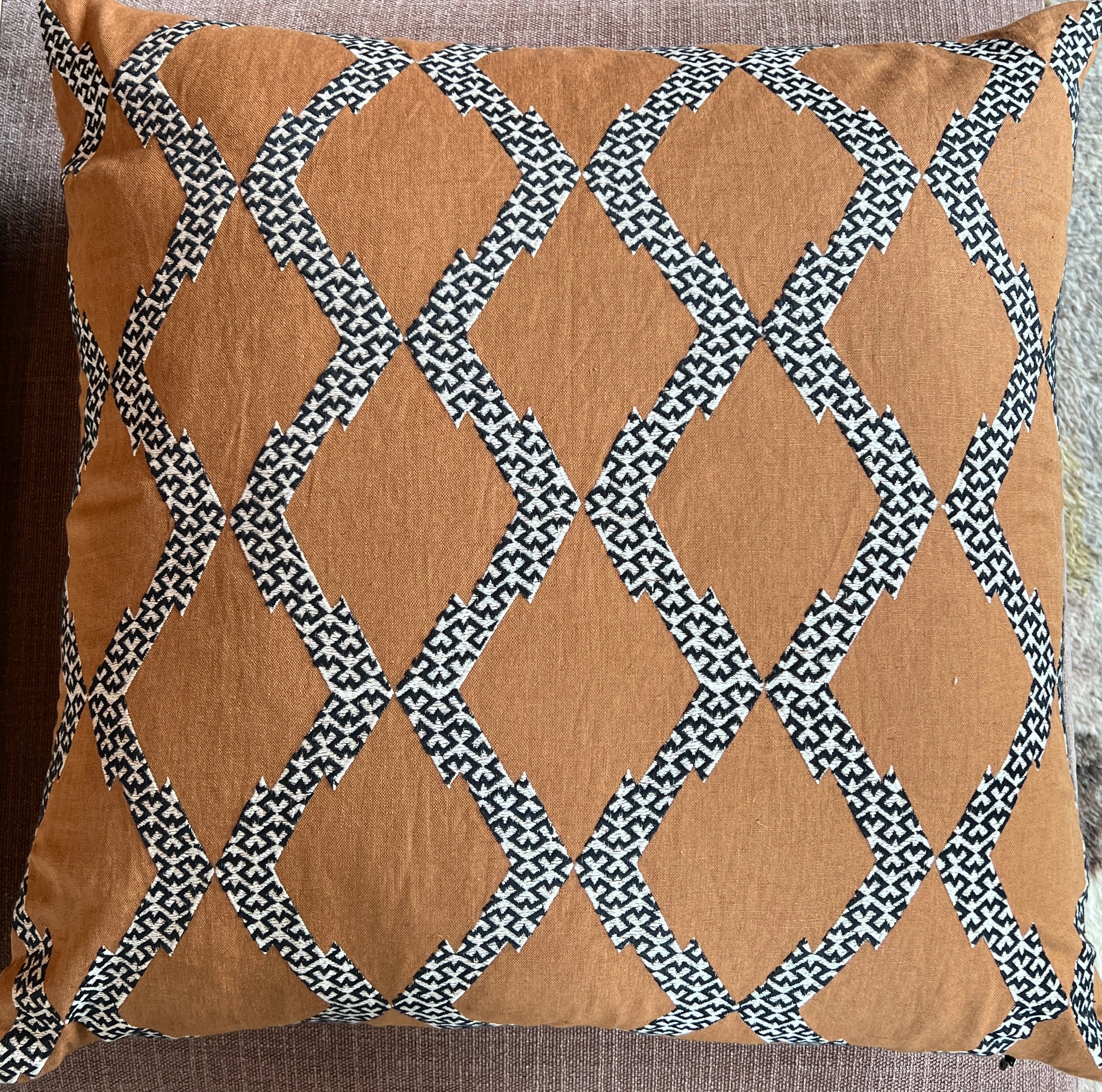 Schumacher Rust Linen Black/White Embroidery Pillow 24 x 24"