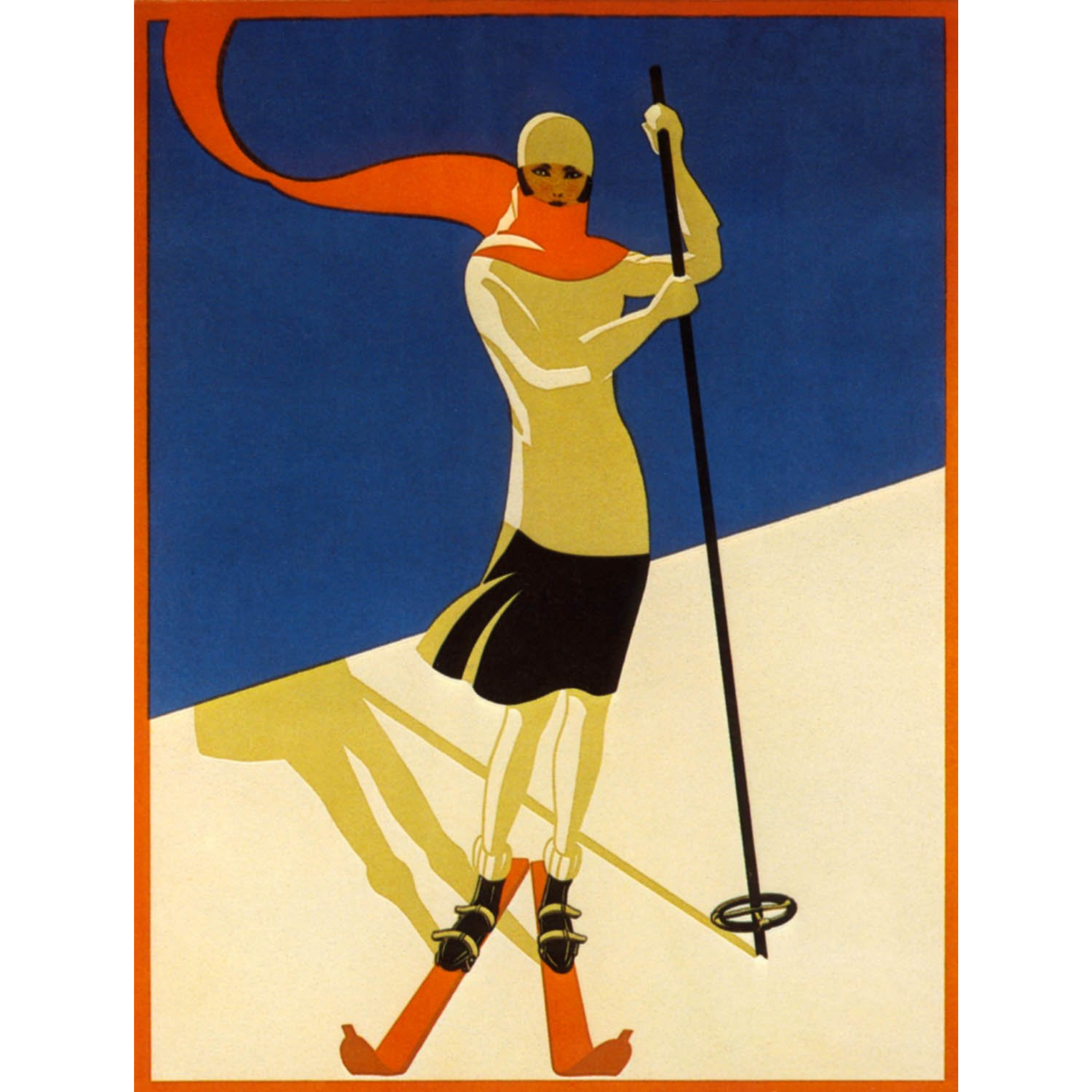 Art Deco Woman on Skis with Orange Scarf - ca. 1930 Serigraph