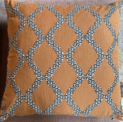 Schumacher Rust Linen Black/White Embroidery Pillow 24 x 24