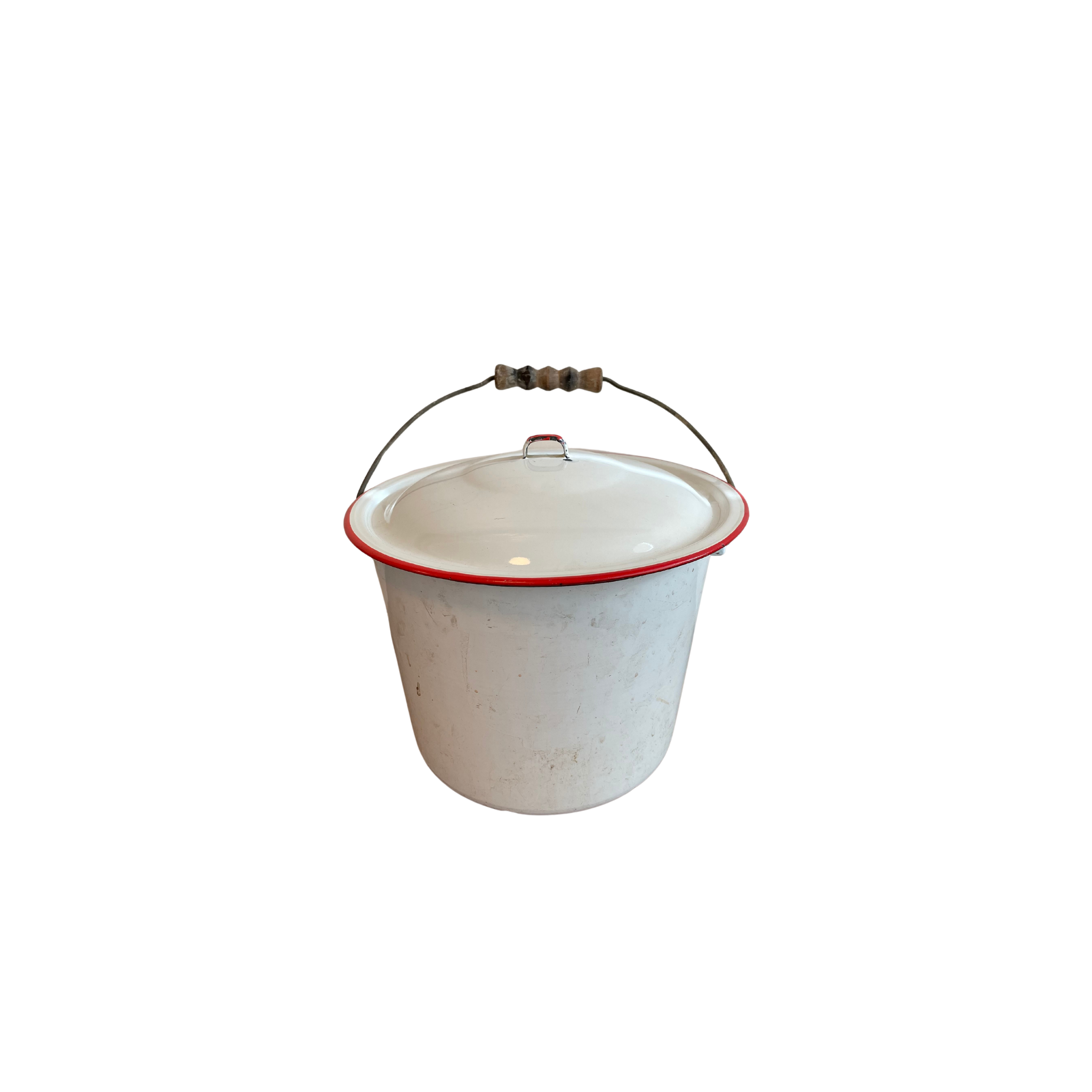 Enamelware Pot w/Lid White w/Red Trim