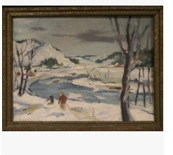 MCM Boy & Dog Sledding Oil Painting