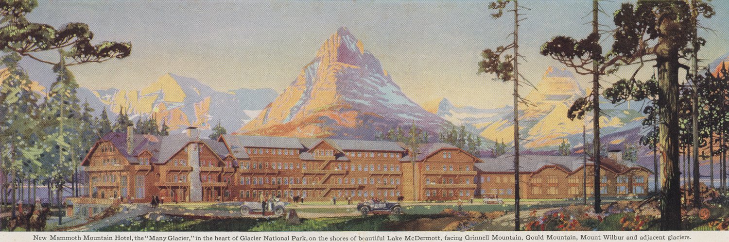 Glacier National Park: Many Glacier Hotel Pano - ca. 1916 Lithograph