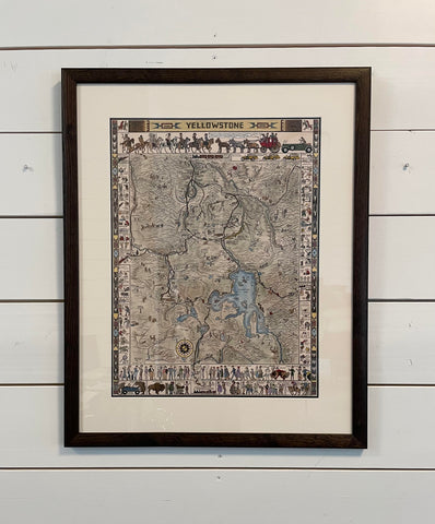 Framed 1931 Tinted Jo Mora Map of Yellowstone National Park