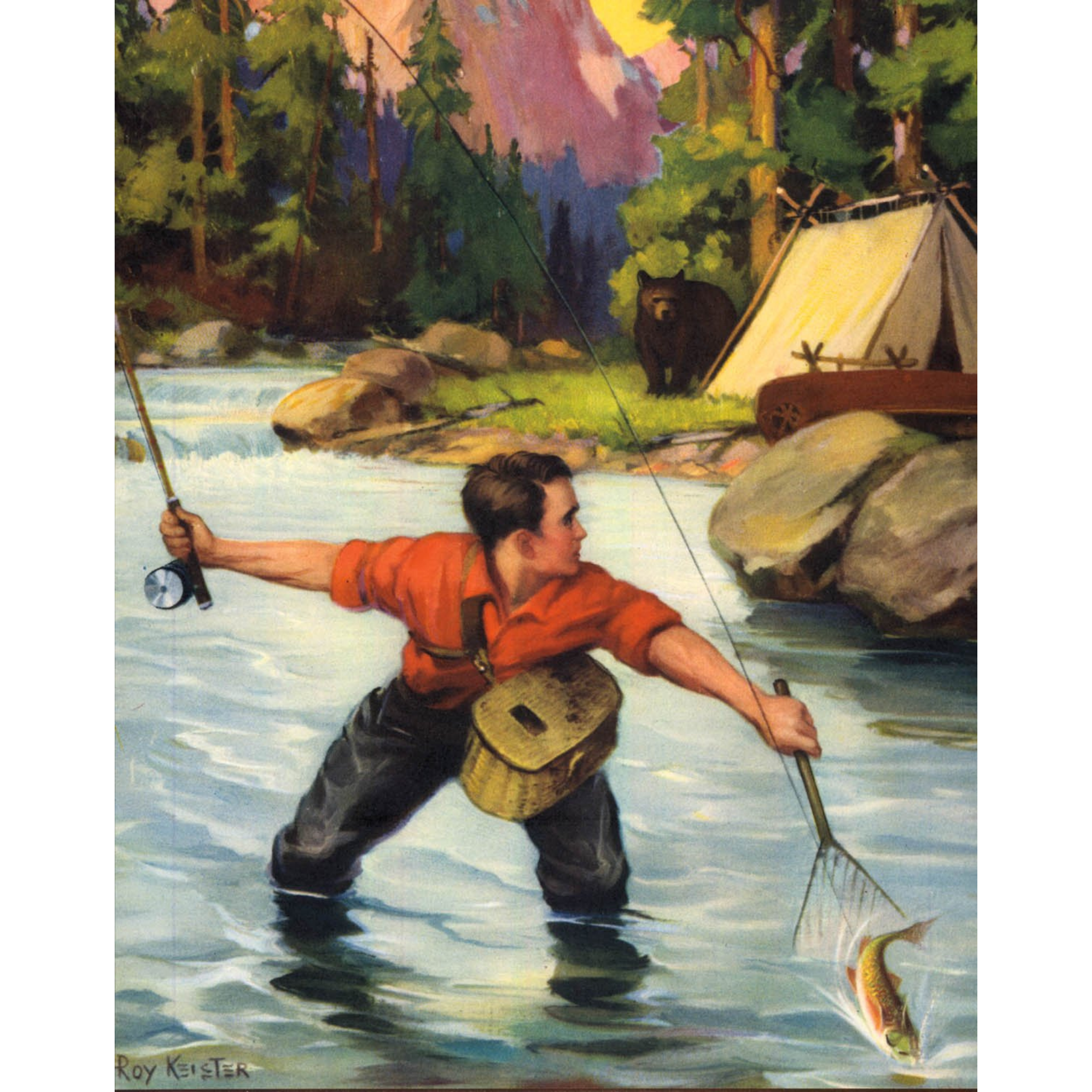 Man Fishing in Stream - Bear in Camp - ca. 1925 Roy Kester Lithograph