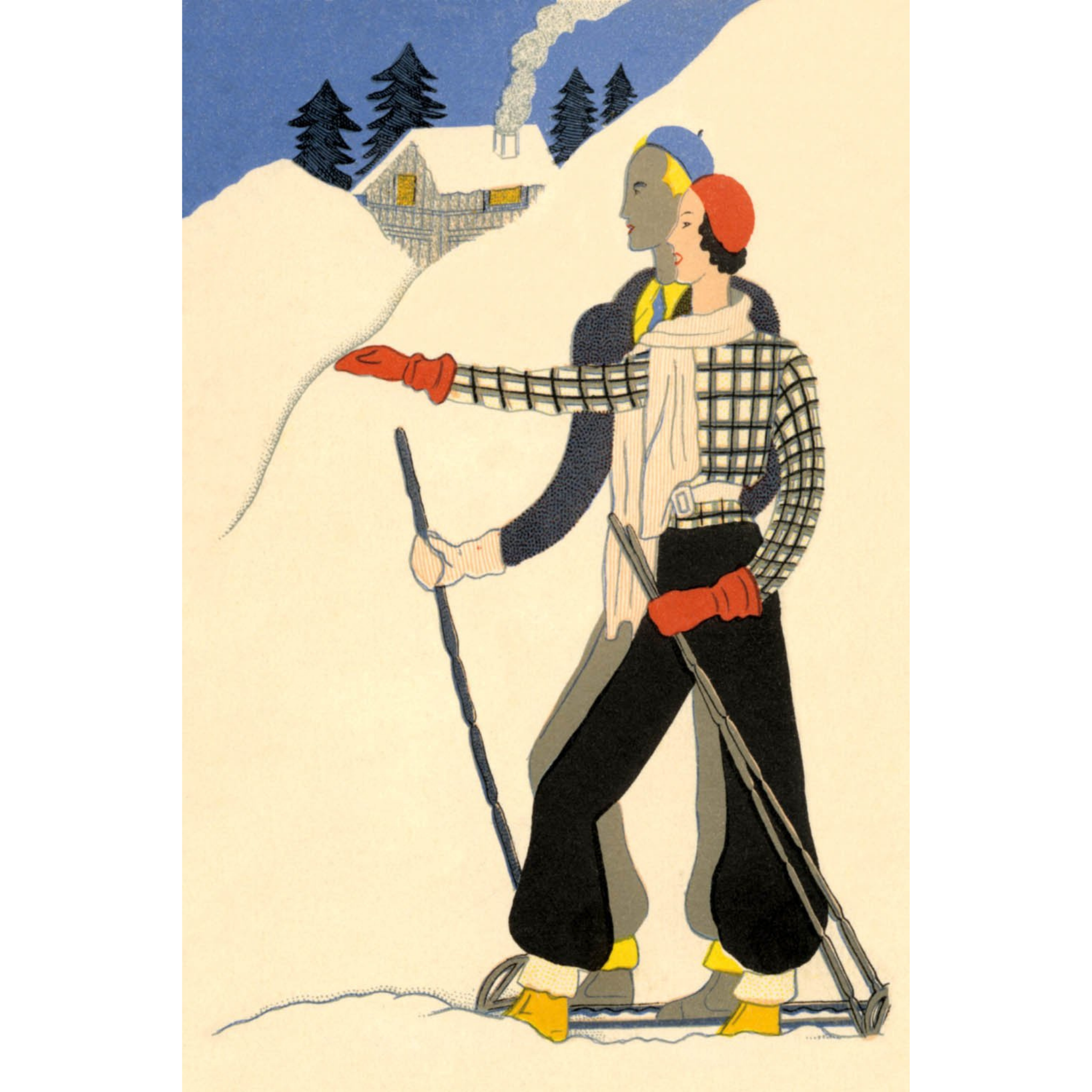 Art Deco Couple on Skis - ca. 1930 Serigraph