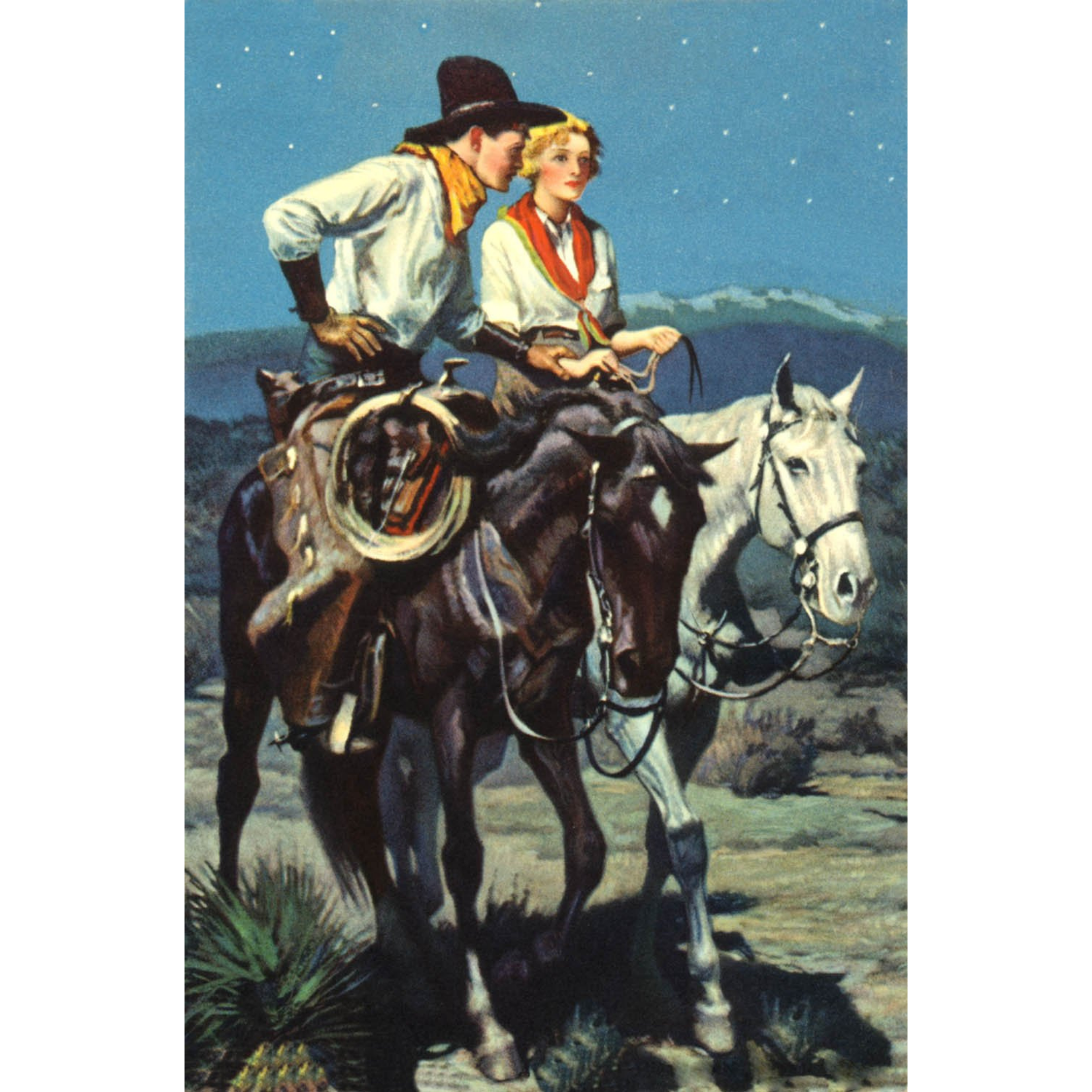 Cowboy and Cowgirl Riding at Night - ca. 1935 Lithograph