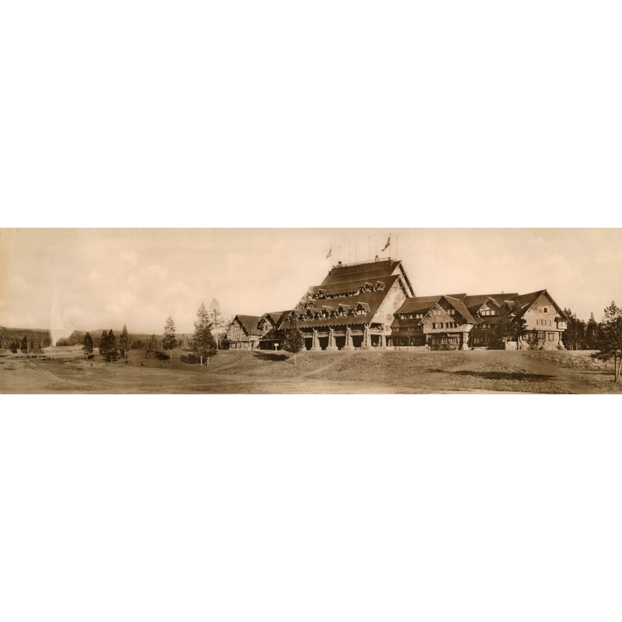 Old Faithful Inn and Geyser -  Jack Ellis (J. E.) Haynes - 1904 Silver Tone Sepia Photo