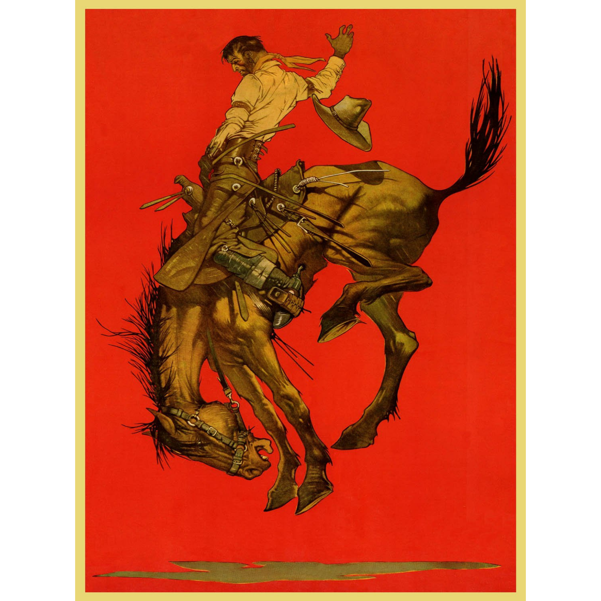 Cowboy on Bucking Bronco Rodeo Poster - Red - ca. 1935 Lithograph