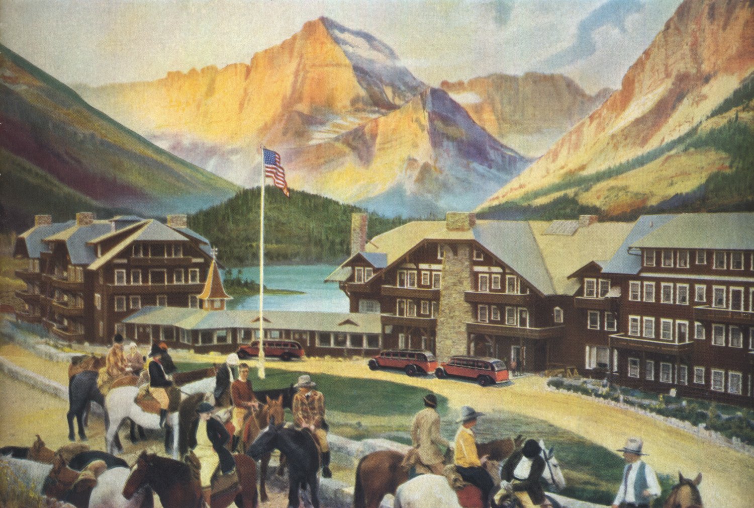 Glacier National Park: Glacier Hotel and Tourists - ca. 1935 Lithograph
