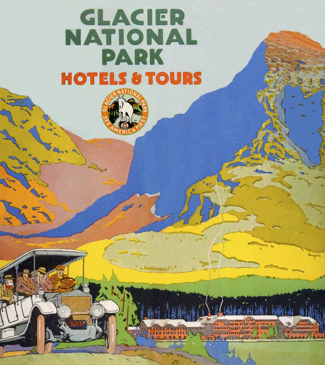 Glacier National Park: Glacier Hotels 1 - ca. 1916 Lithograph