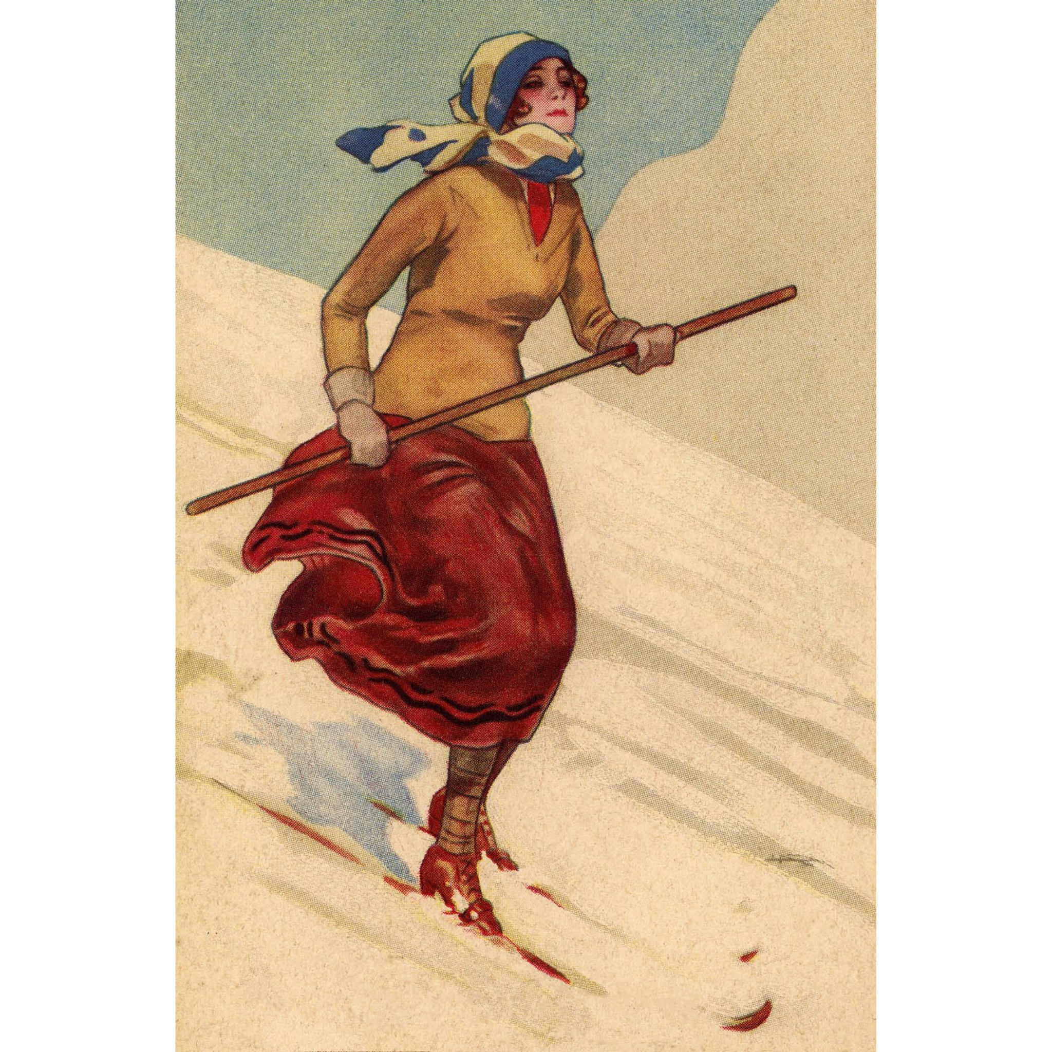Woman Skiing in Red Skirt - ca. 1925 Lithograph