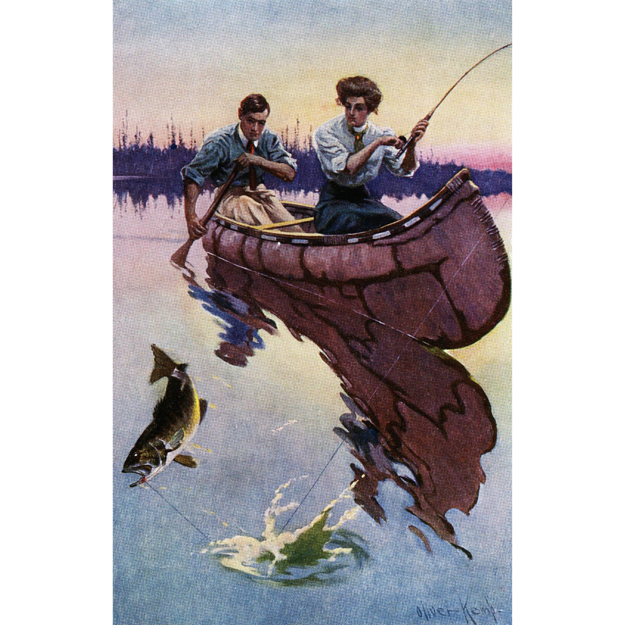 Couple Fishing in Canoe - ca. 1915 Lithograph