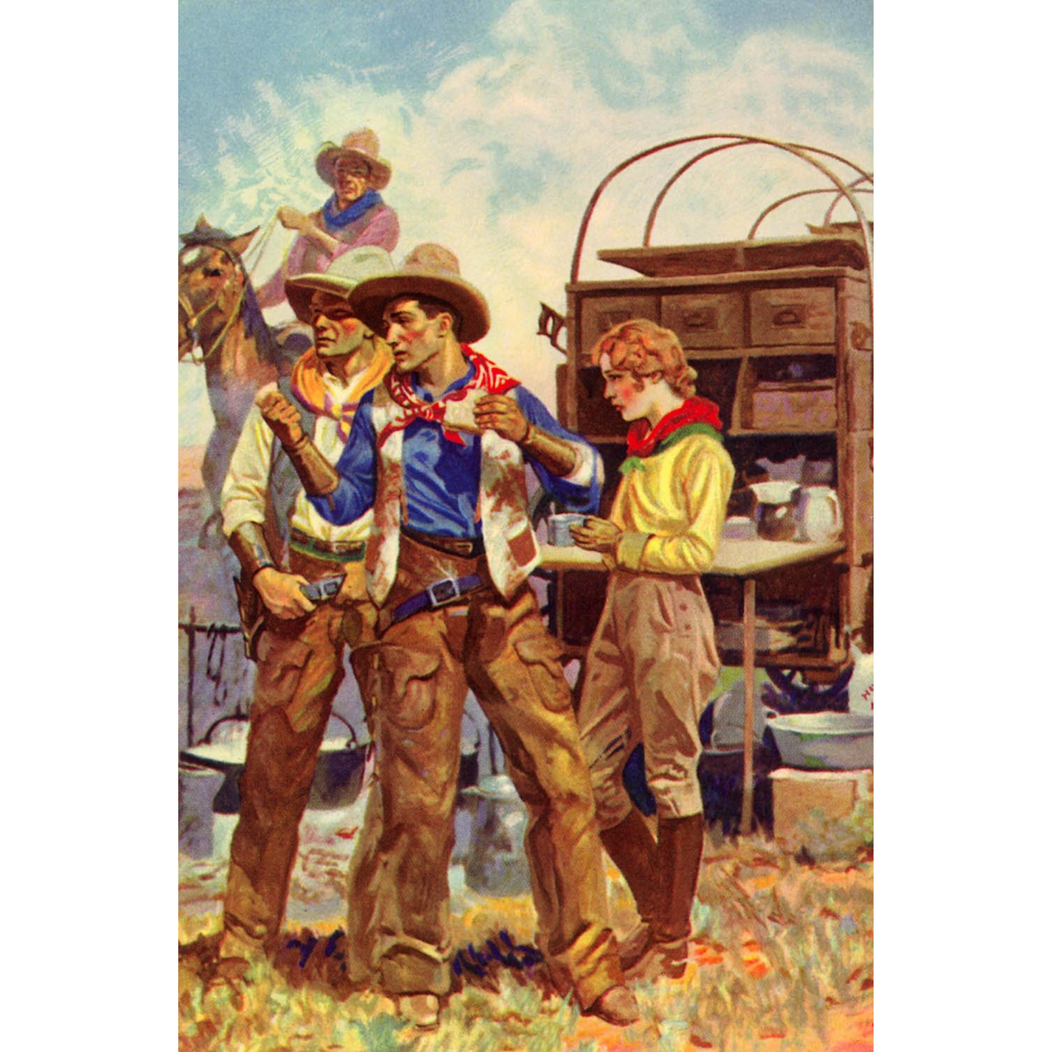 Cowboys and Cowgirl at Chuckwagon - ca. 1930 Lithograph