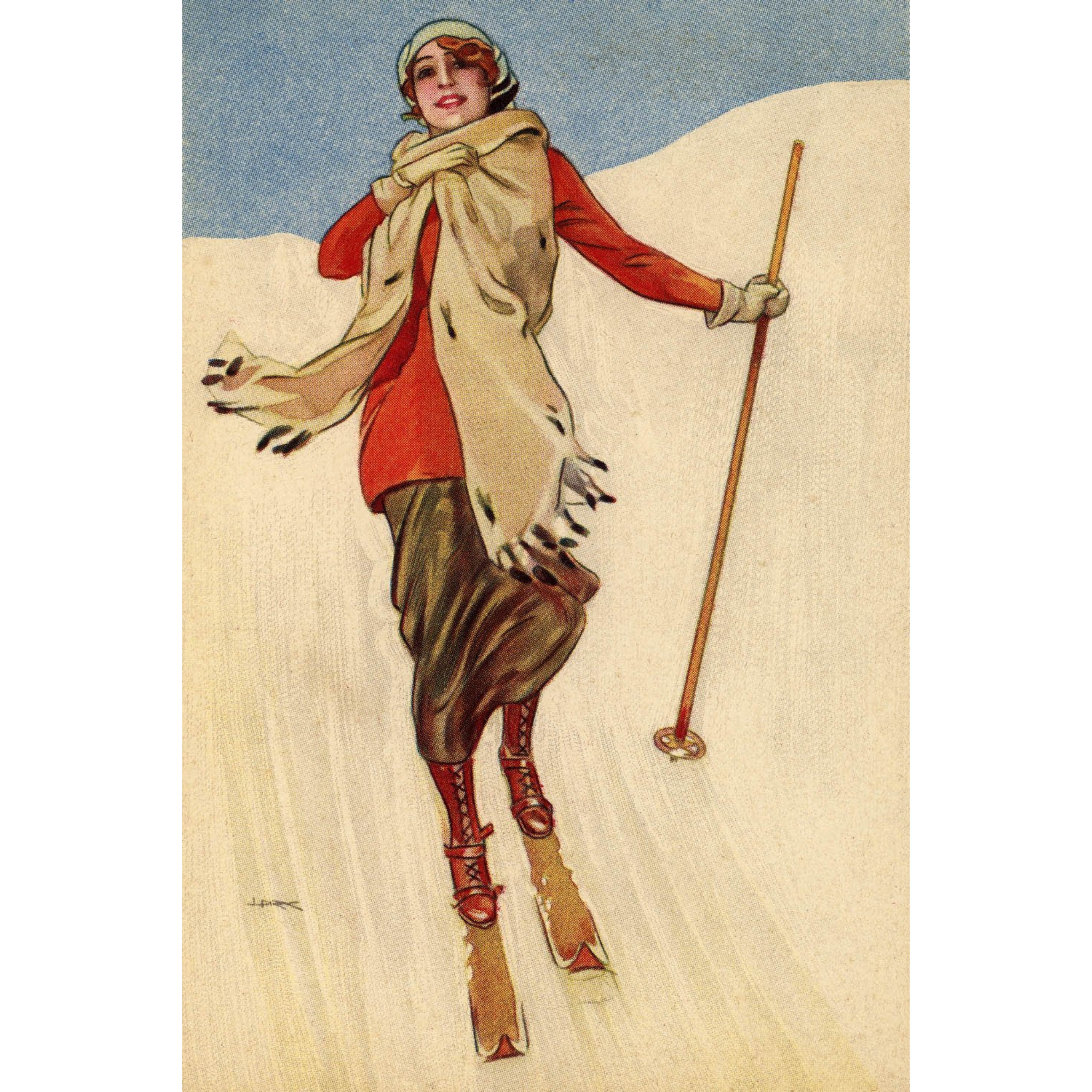 Woman Skiing in Red Sweater with Scarf - ca. 1925 Lithograph