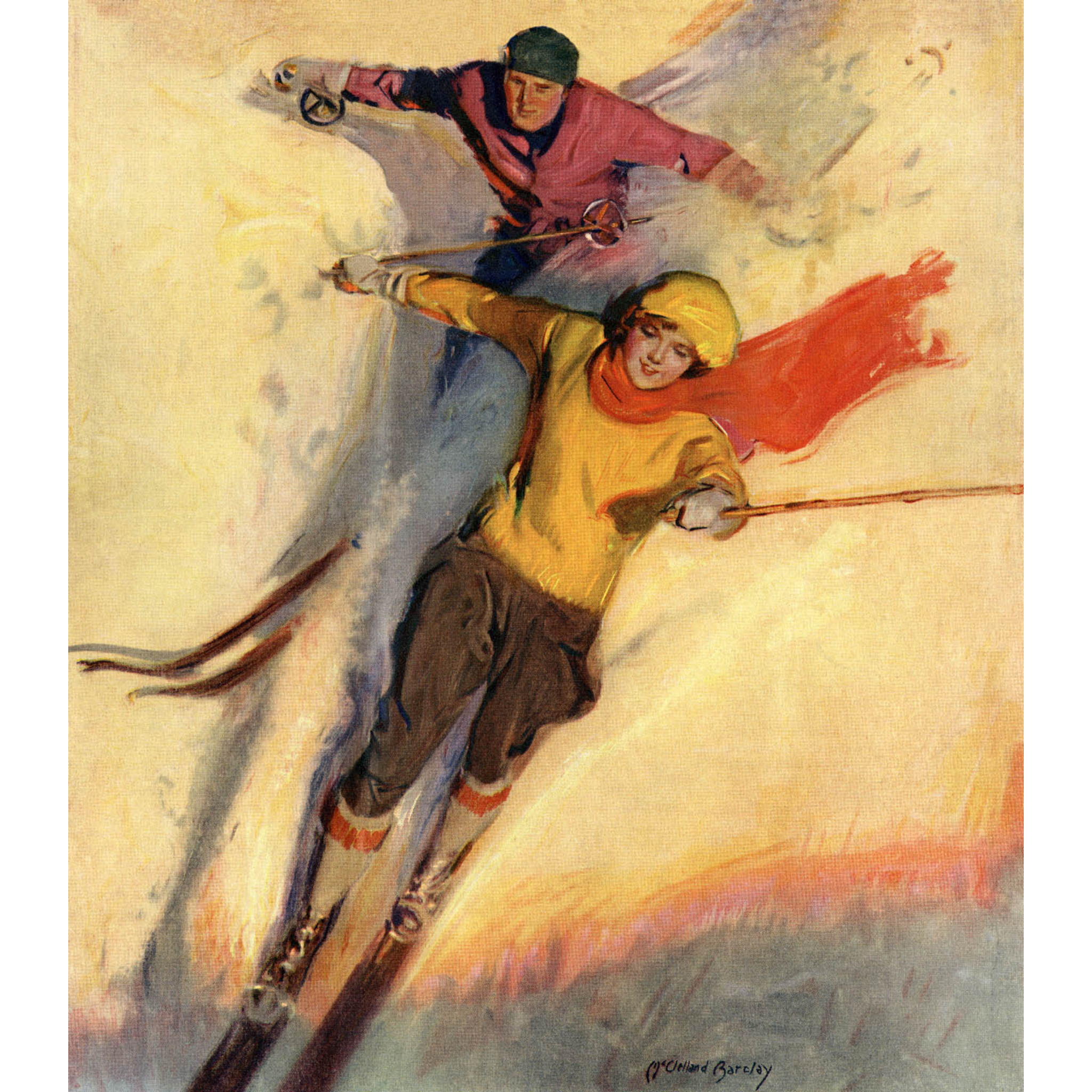 Couple Skiing - ca. 1940 Lithograph