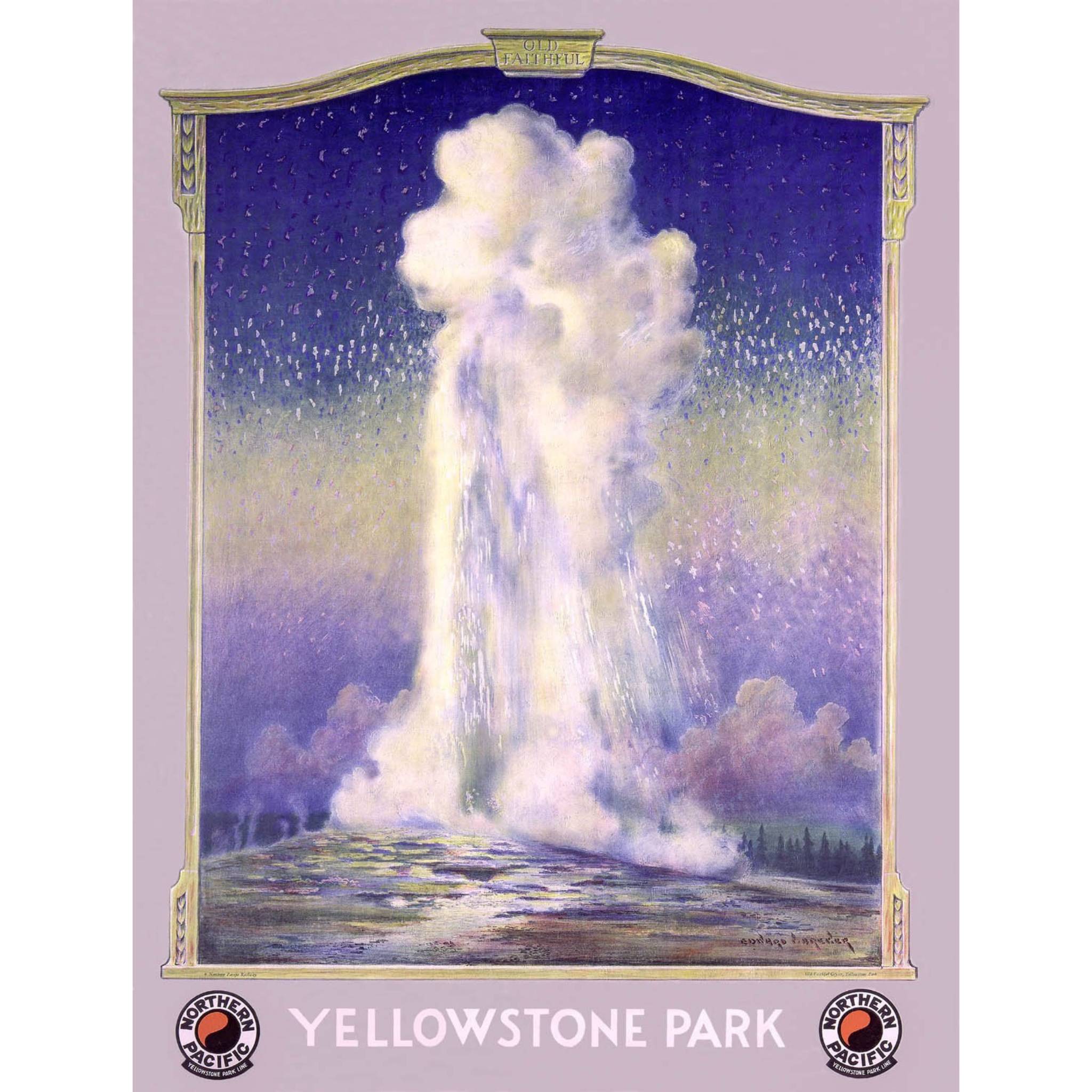 Yellowstone Park Old Faithful Geyser (NPRR) - ca. 1930 Edward Brewer Lithograph