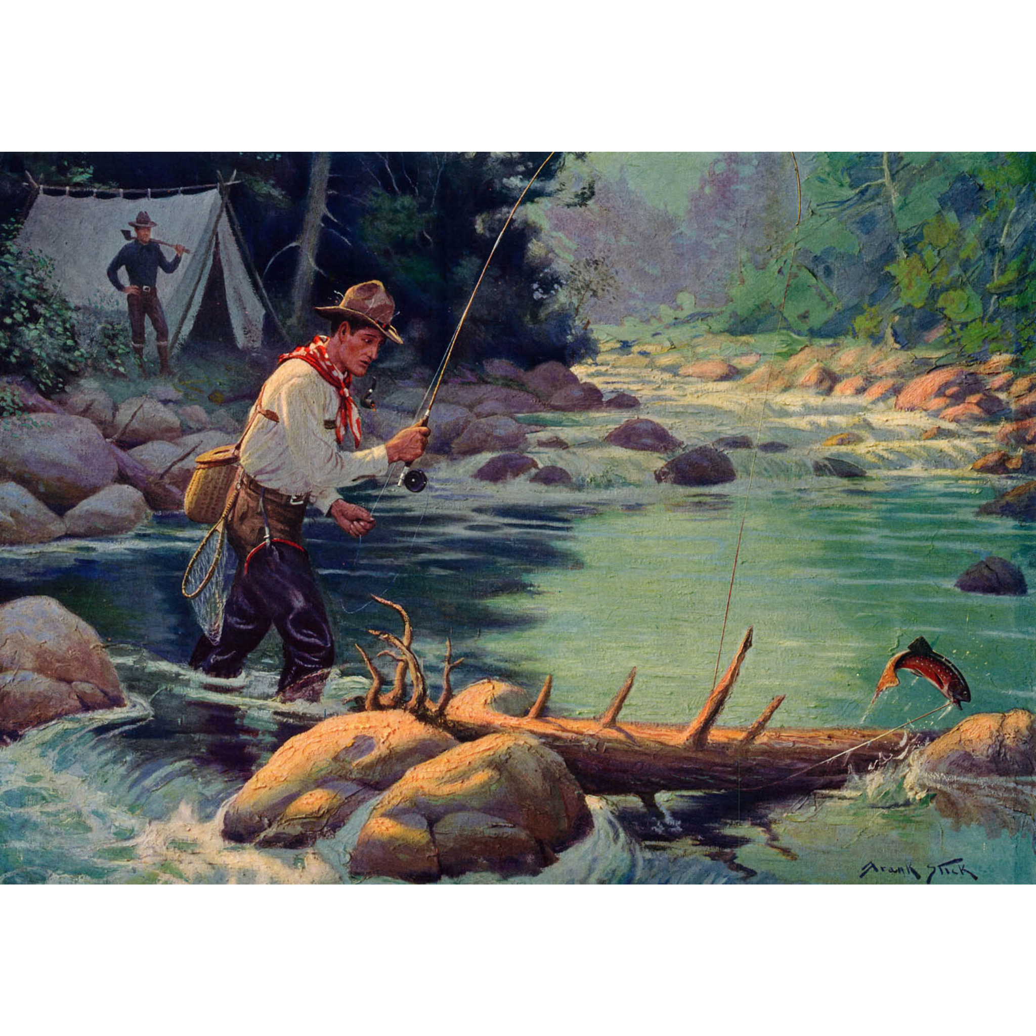 Man Fishing by Camp - ca. 1925 Frank Stick Lithograph