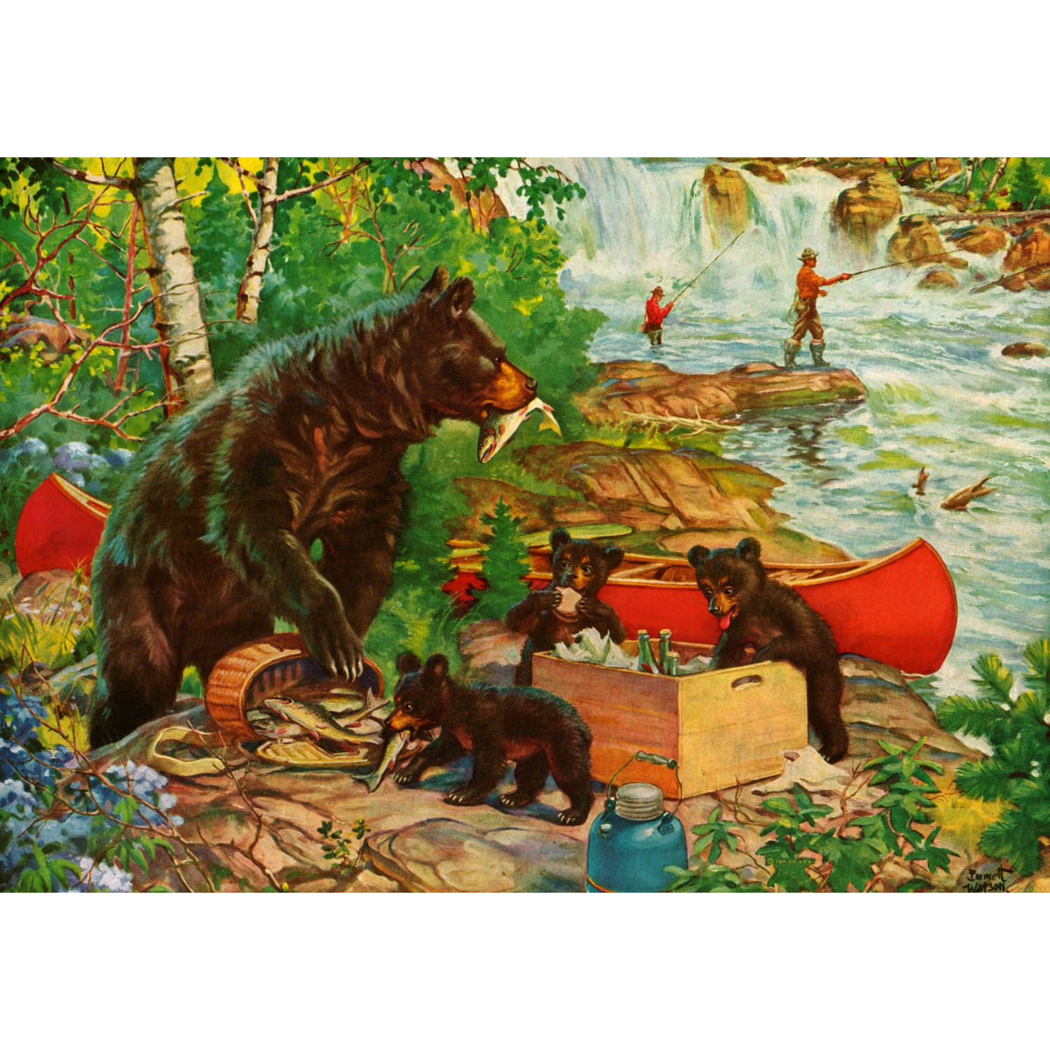 Bear and Cubs in Camp Two Men Fishing - ca. 1950 Lithograph