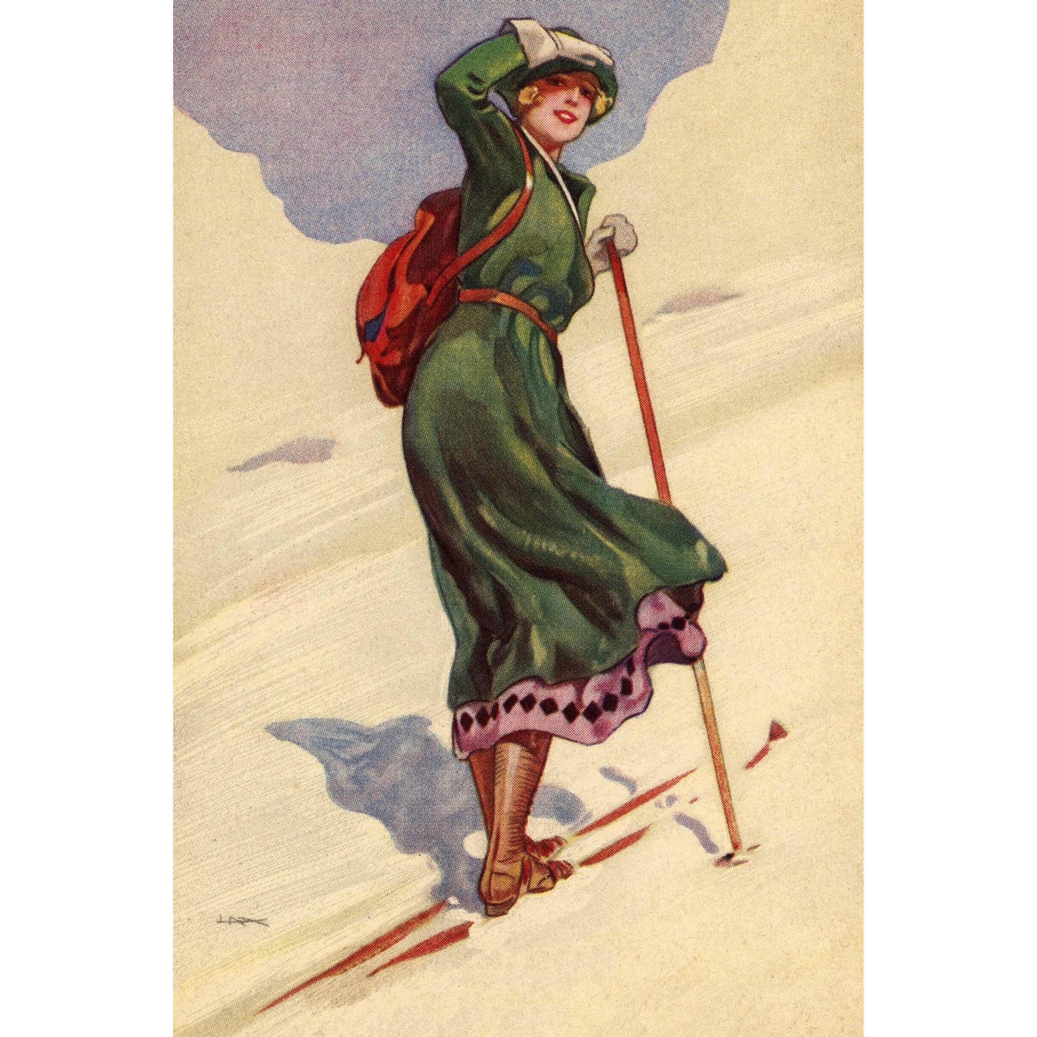 Woman On Skis in Green Skirt - ca. 1925 Lithograph