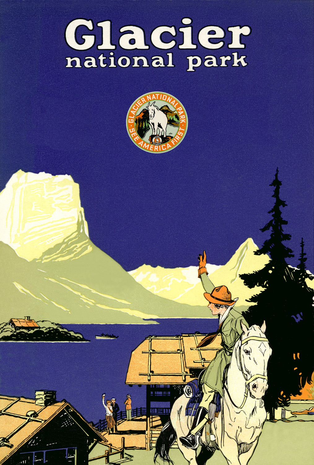 Glacier National Park: Girl on Horse 1 - ca. 1924 Lithograph