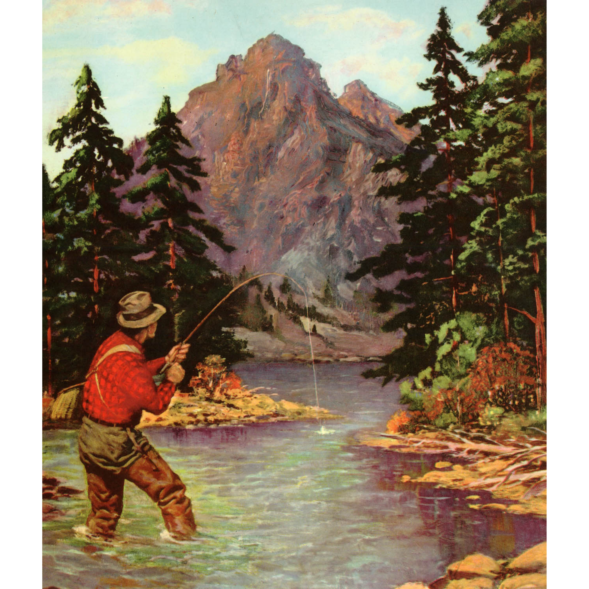 Man Fishing in Stream - ca. 1950 Lithograph