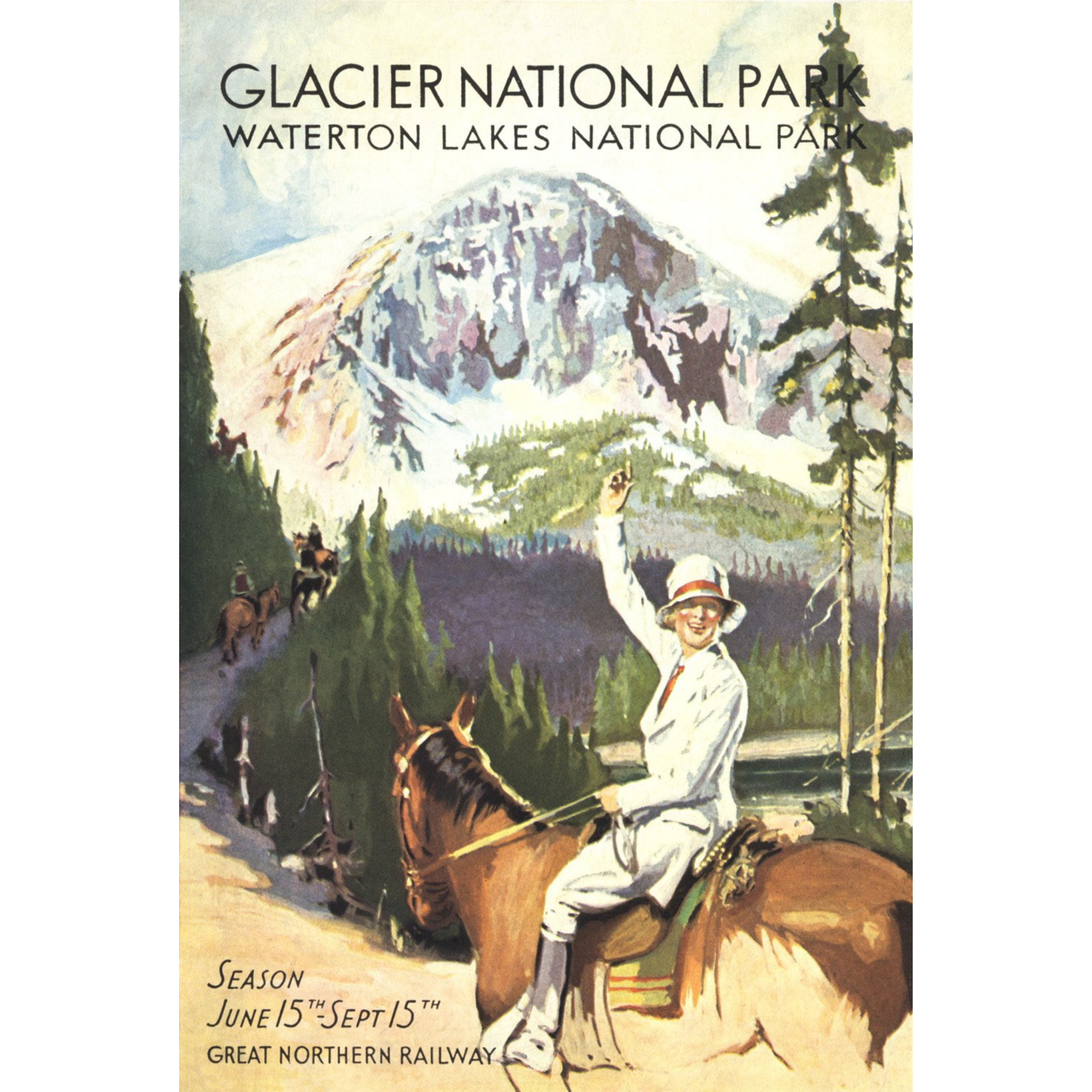 Glacier National Park: Girl on Horse 2 - ca. 1924 Lithograph
