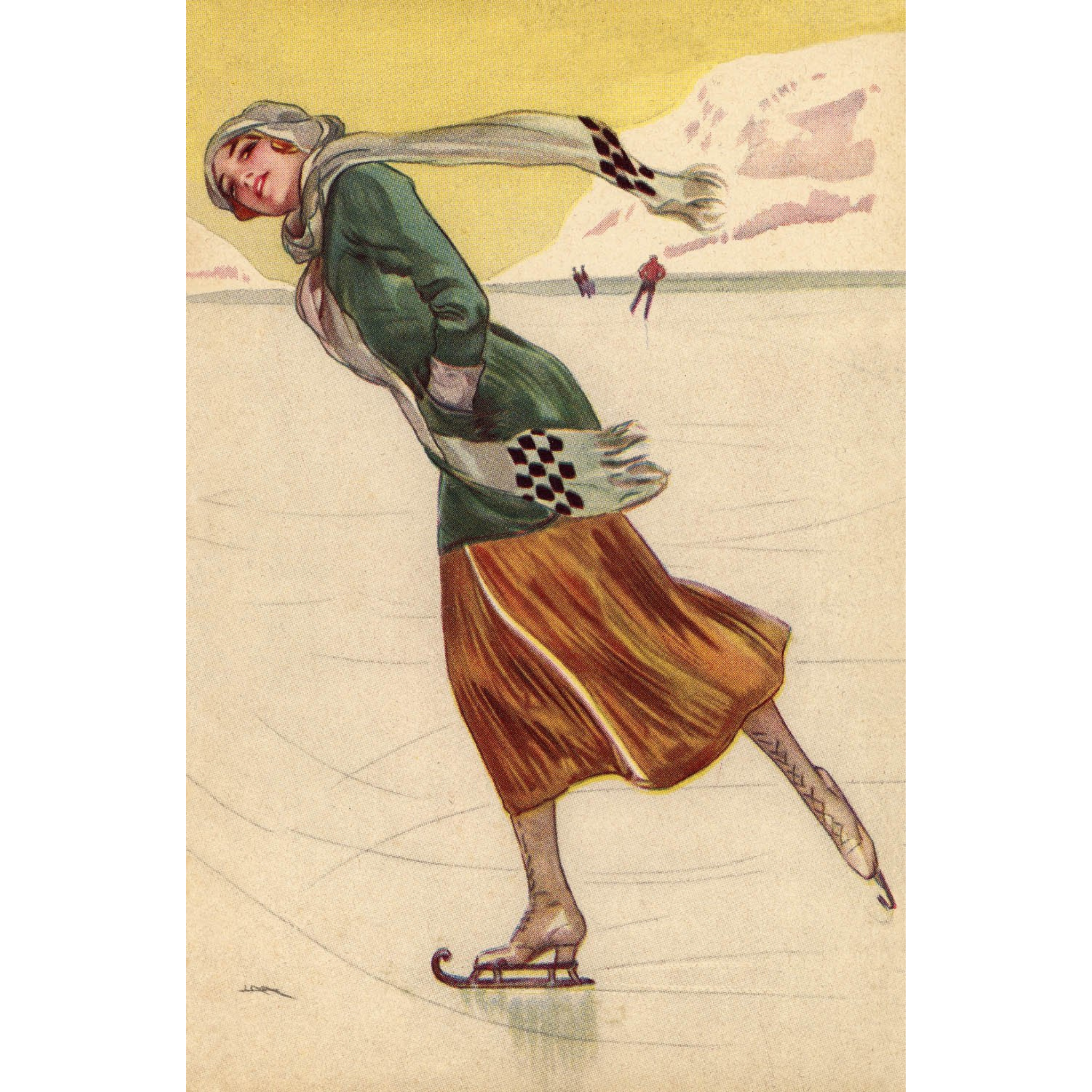 Woman Skating in Green Sweater  - ca. 1925 Lithograph