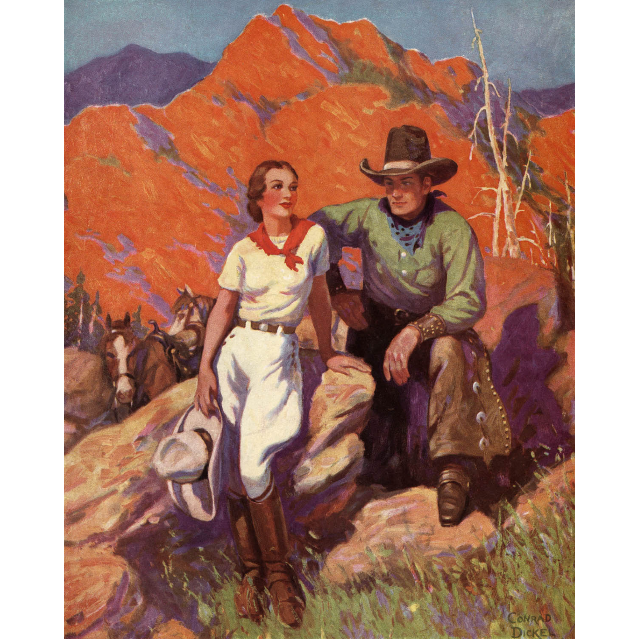 Cowboy and Cowgirl Sitting on Rock - ca. 1935 Conrad Dickel Lithograph