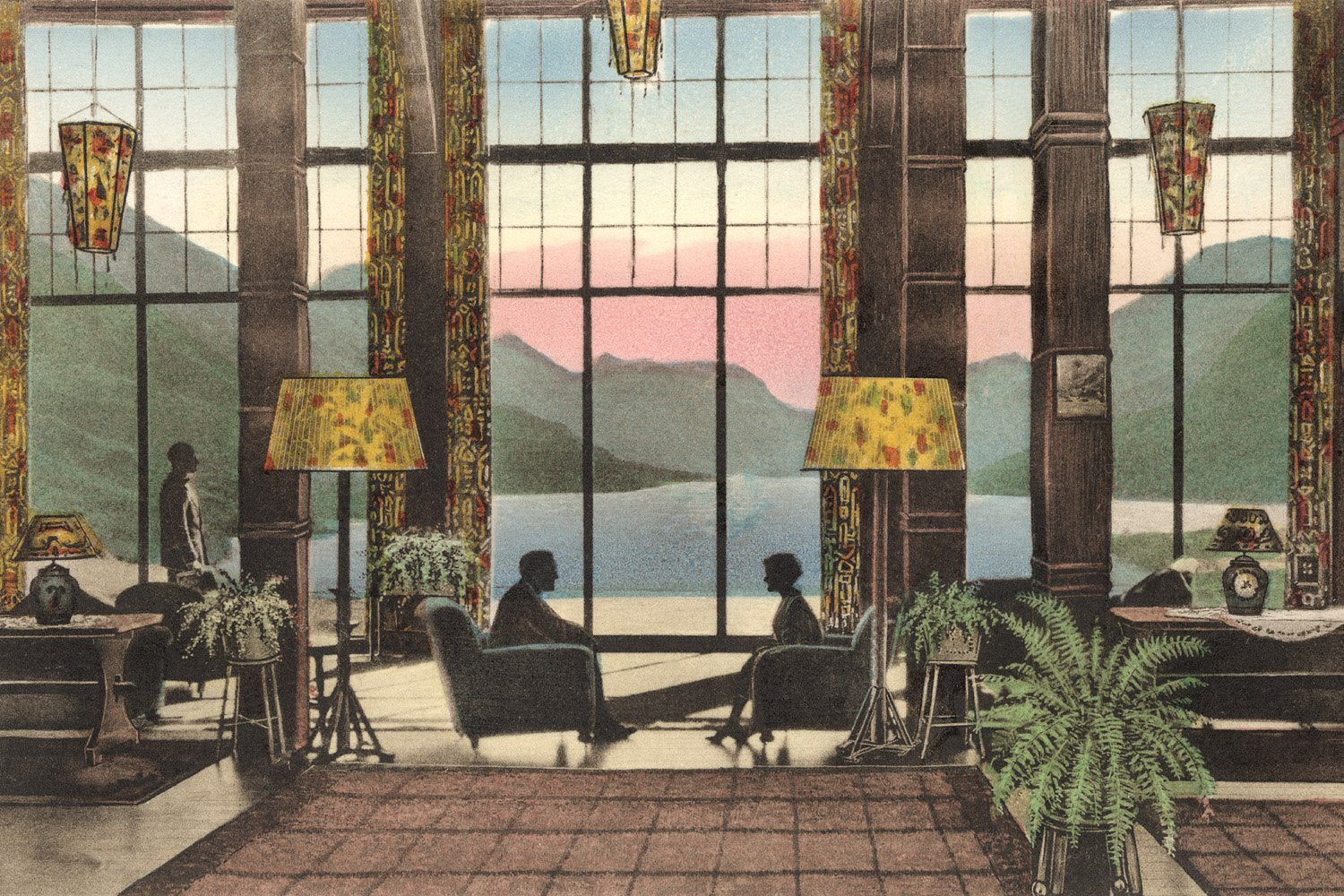 Glacier National Park: Prince of Wales Hotel Lobby - ca. 1935 Serigraph
