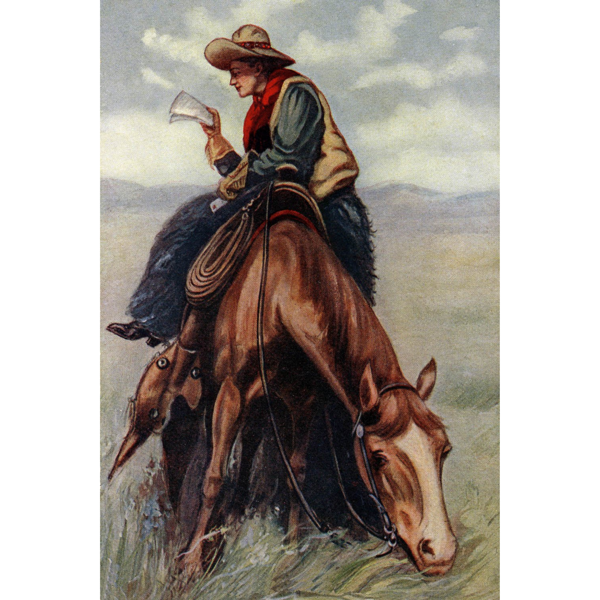 Cowboy Reading Letter - ca. 1915 Lithograph