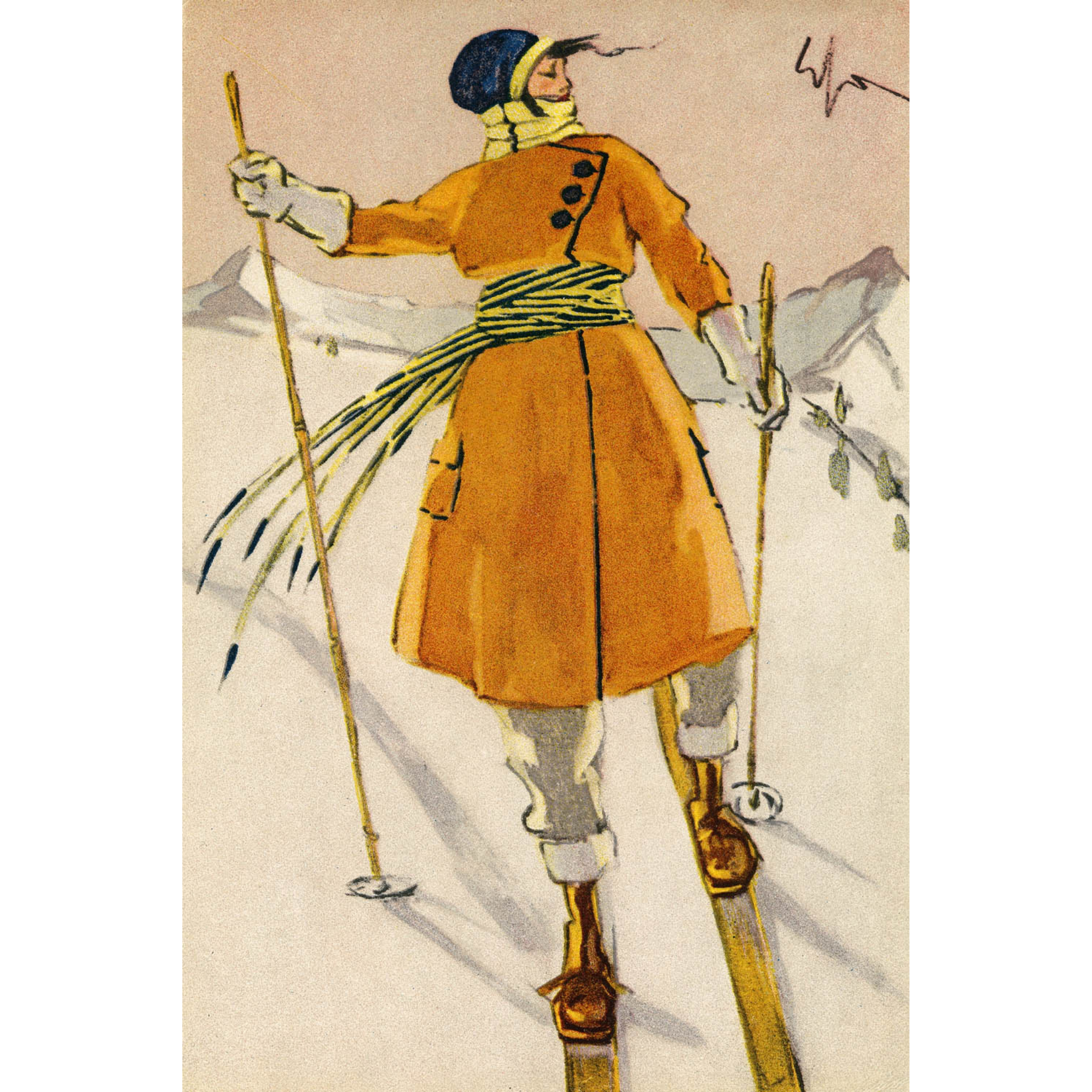 Art Deco Woman on Skis with Orange Coat - ca. 1930 Serigraph