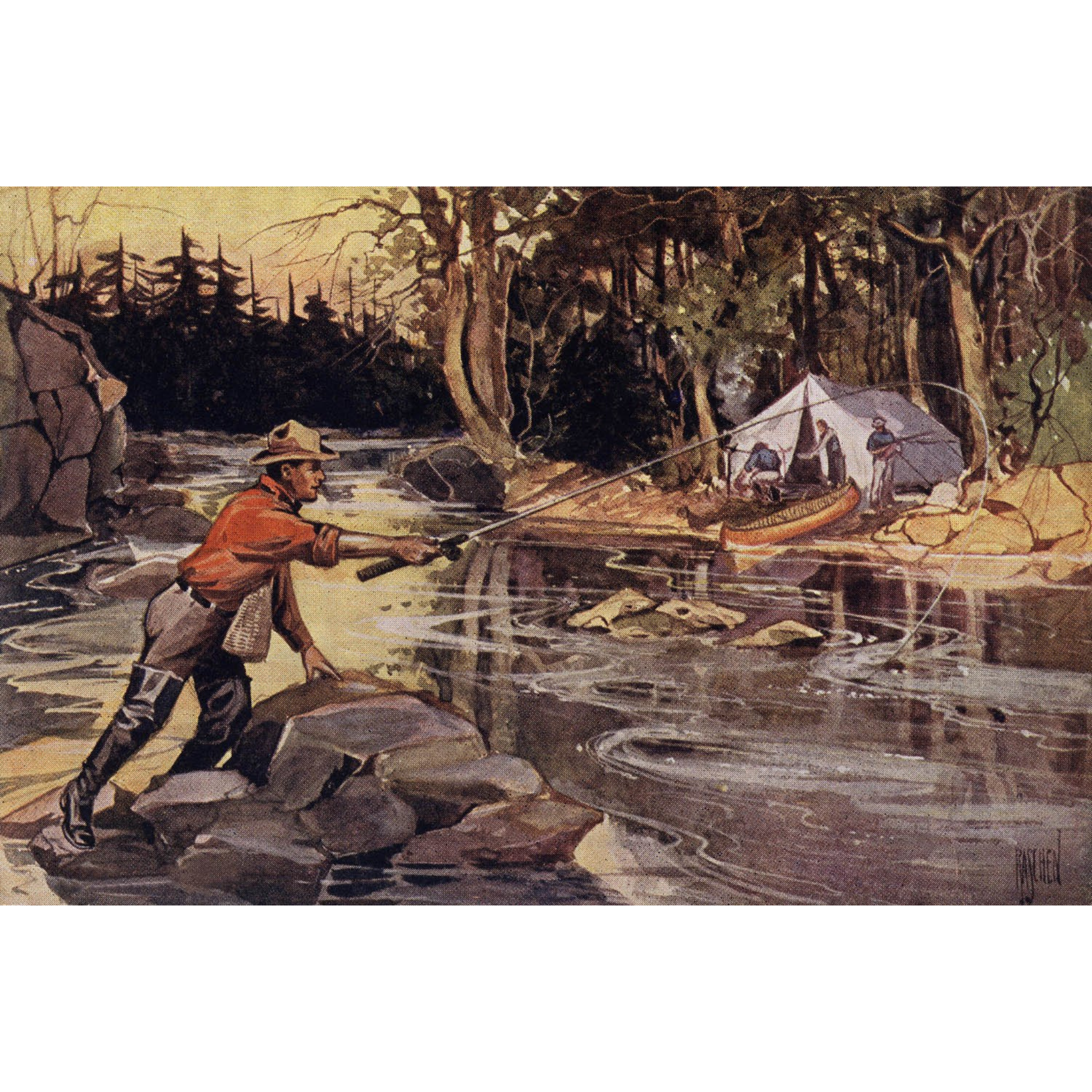Man in Red Shirt Fishing by Camp - ca. 1925 Lithograph