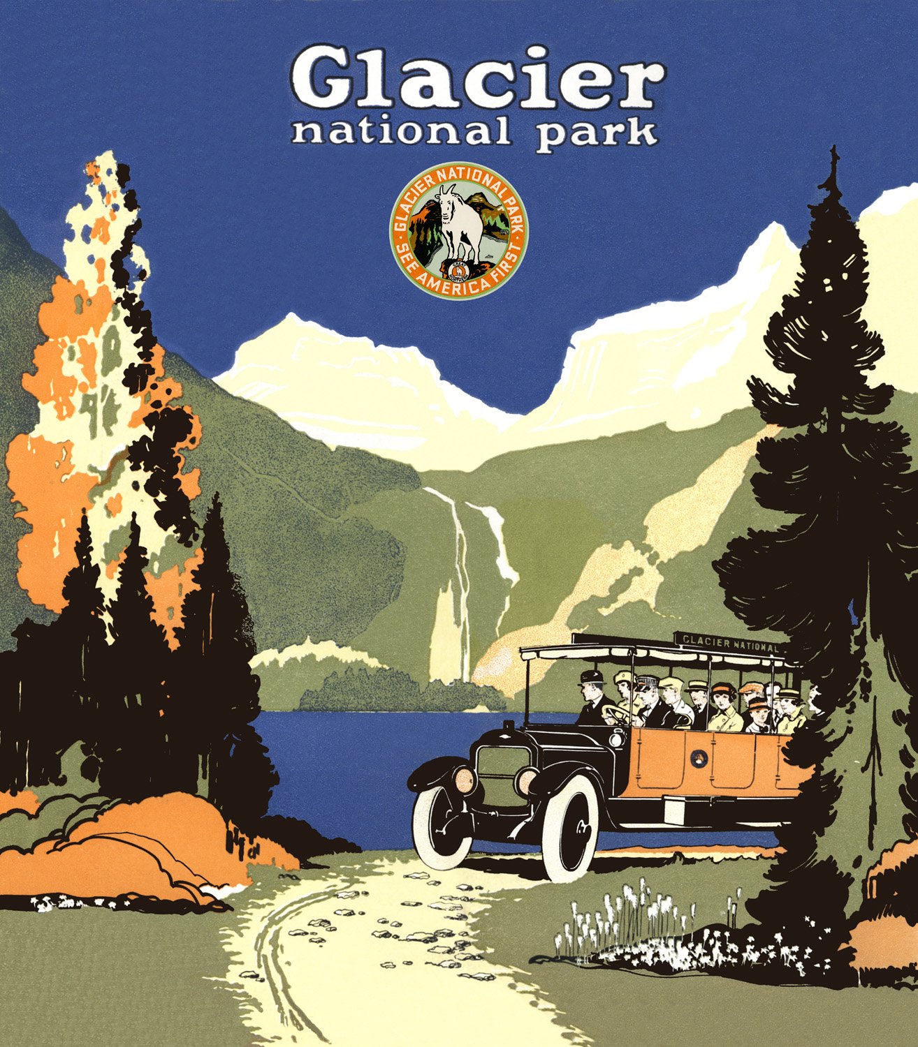 Glacier National Park: Glacier Bus Cover 1- ca. 1916 Lithograph