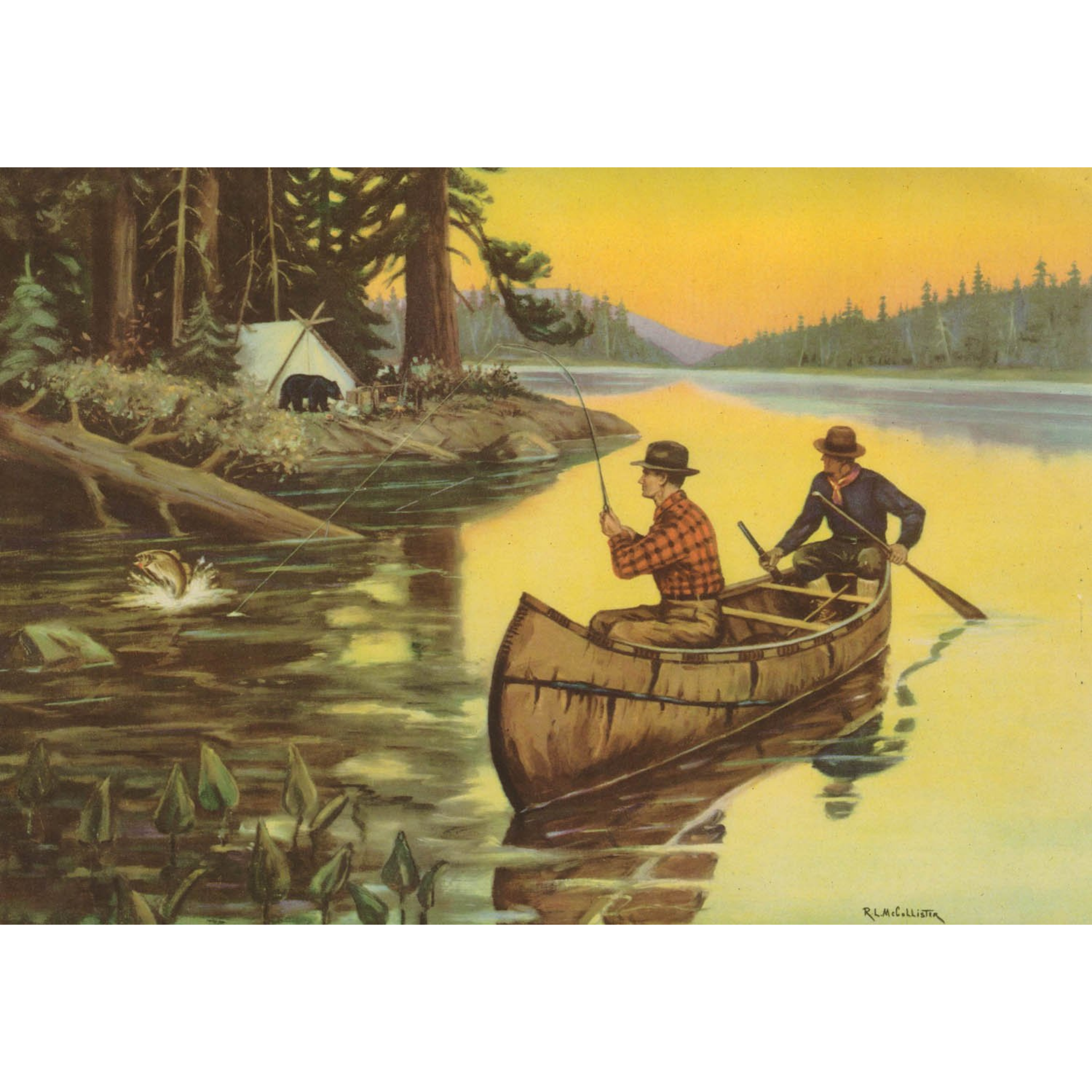 Men Fishing in Canoe Bear in Camp - ca. 1950 R. McCallister Lithograph
