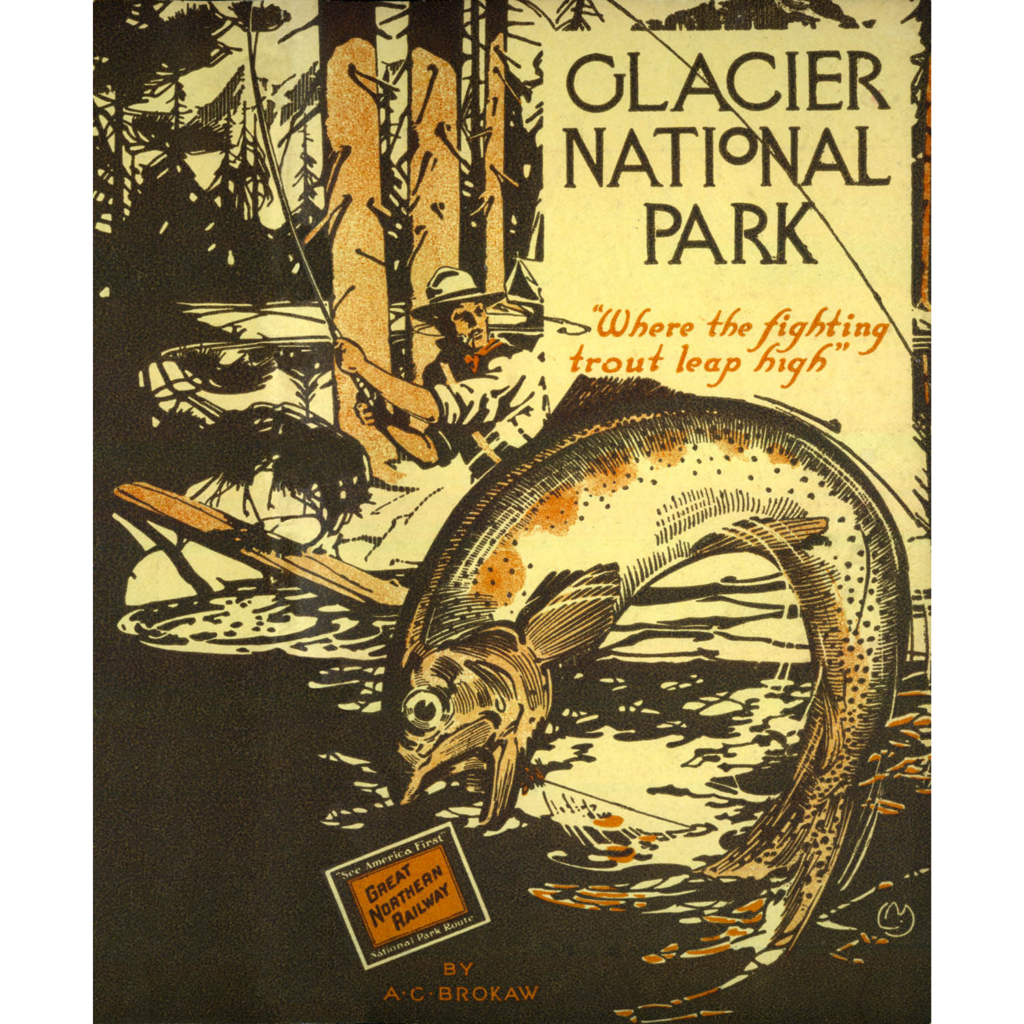 Glacier National Park Fighting Trout Leaping - ca. 1935 Louis Moen Lithograph