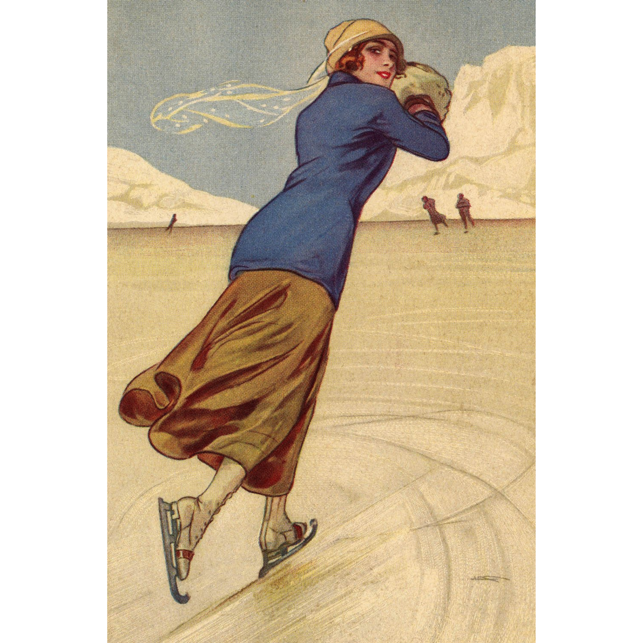 Woman Skating in Blue Sweater with Muffs - ca. 1925 Lithograph