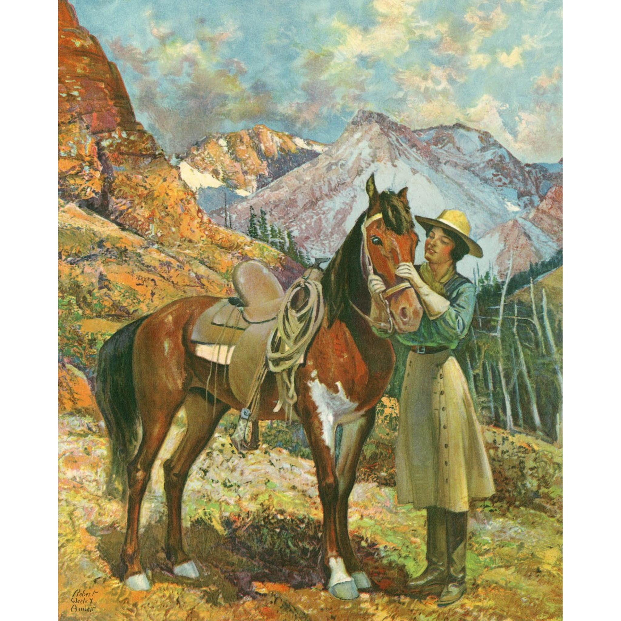 Cowgirl and Horse in the Mountains - ca. 1935 Robert Wesley Amier Lithograph