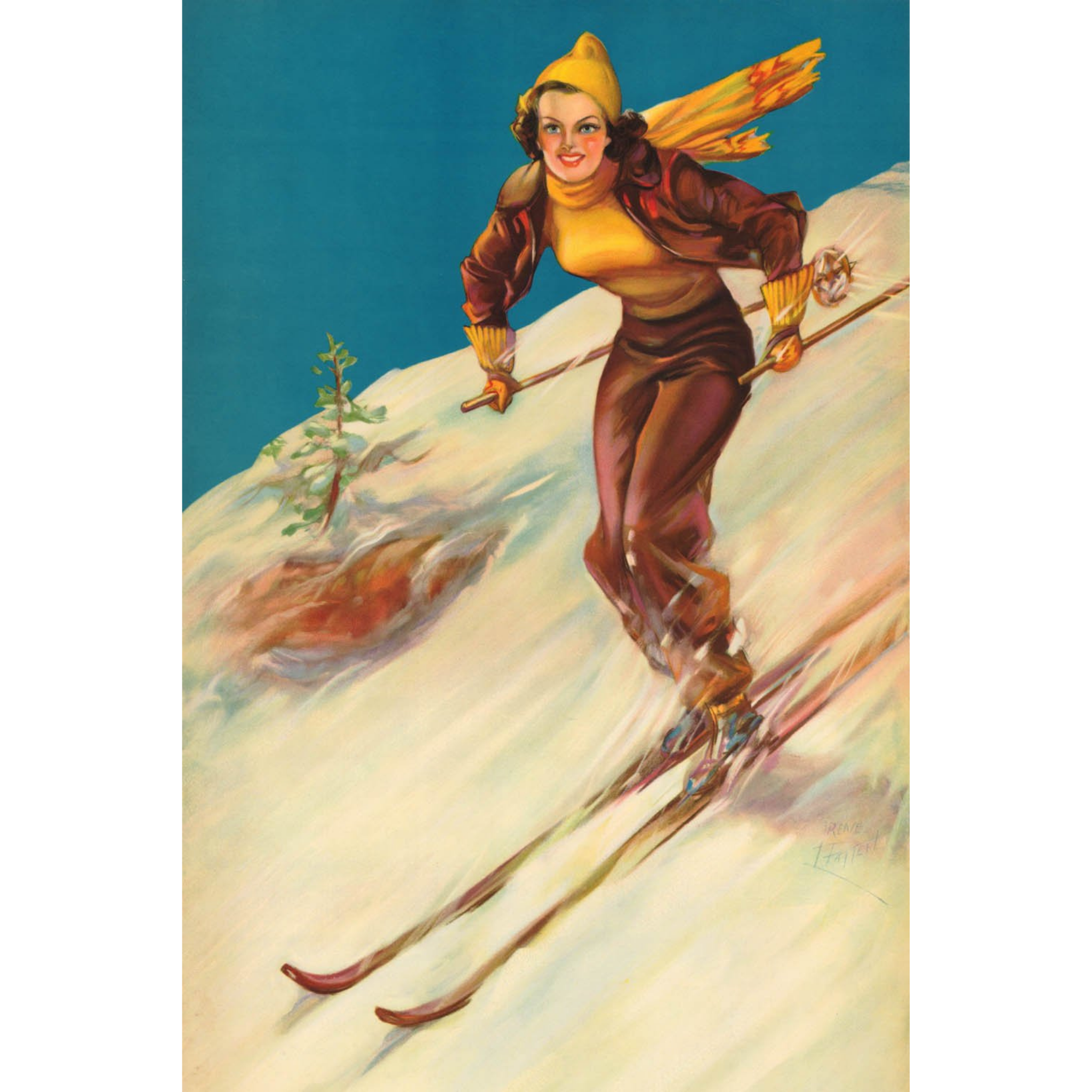Woman on Skis with Gold Sweater and Scarf - ca. 1950 Lithograph