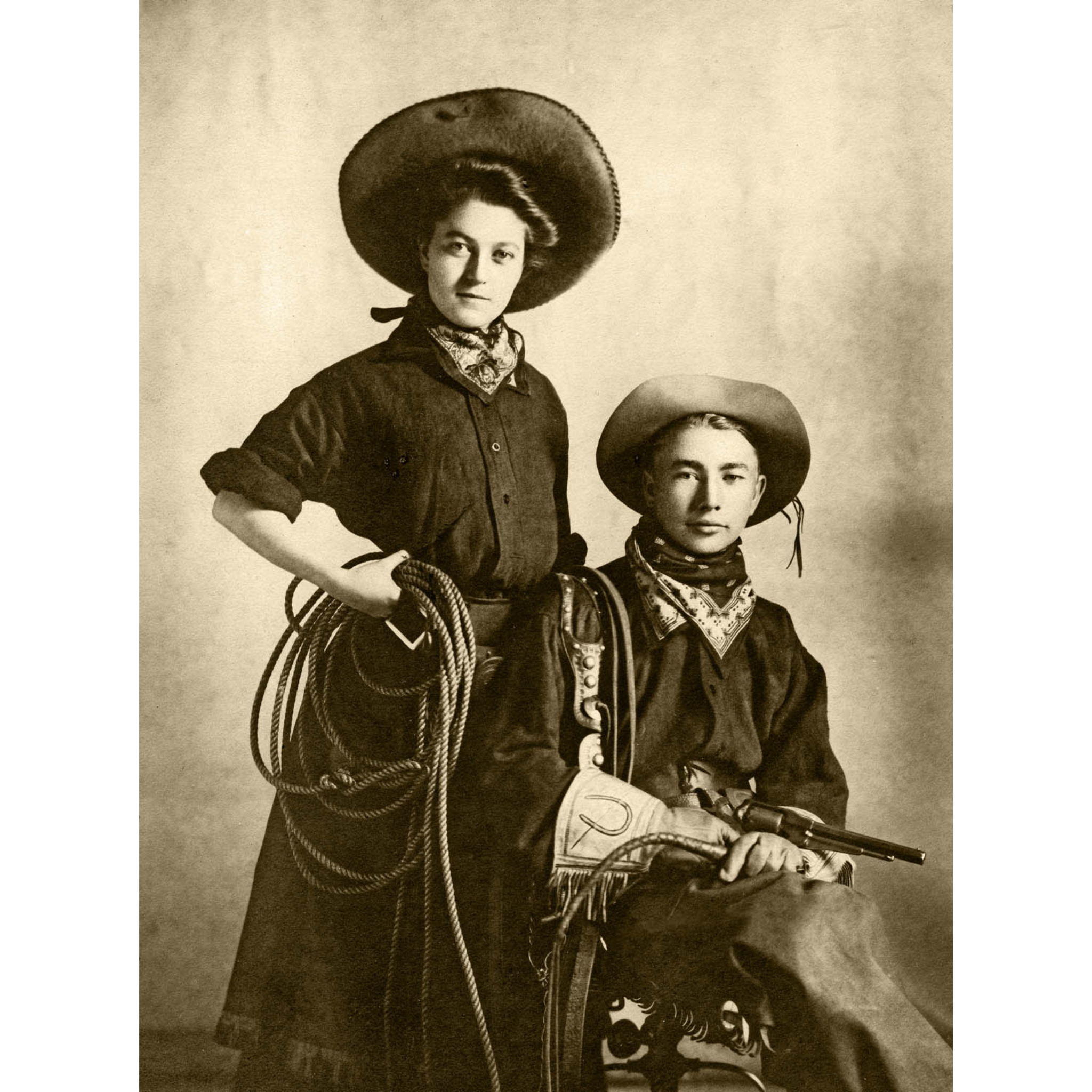 Cowgirl Holding Rope and Cowboy with Pistol - ca. 1915 Photograph