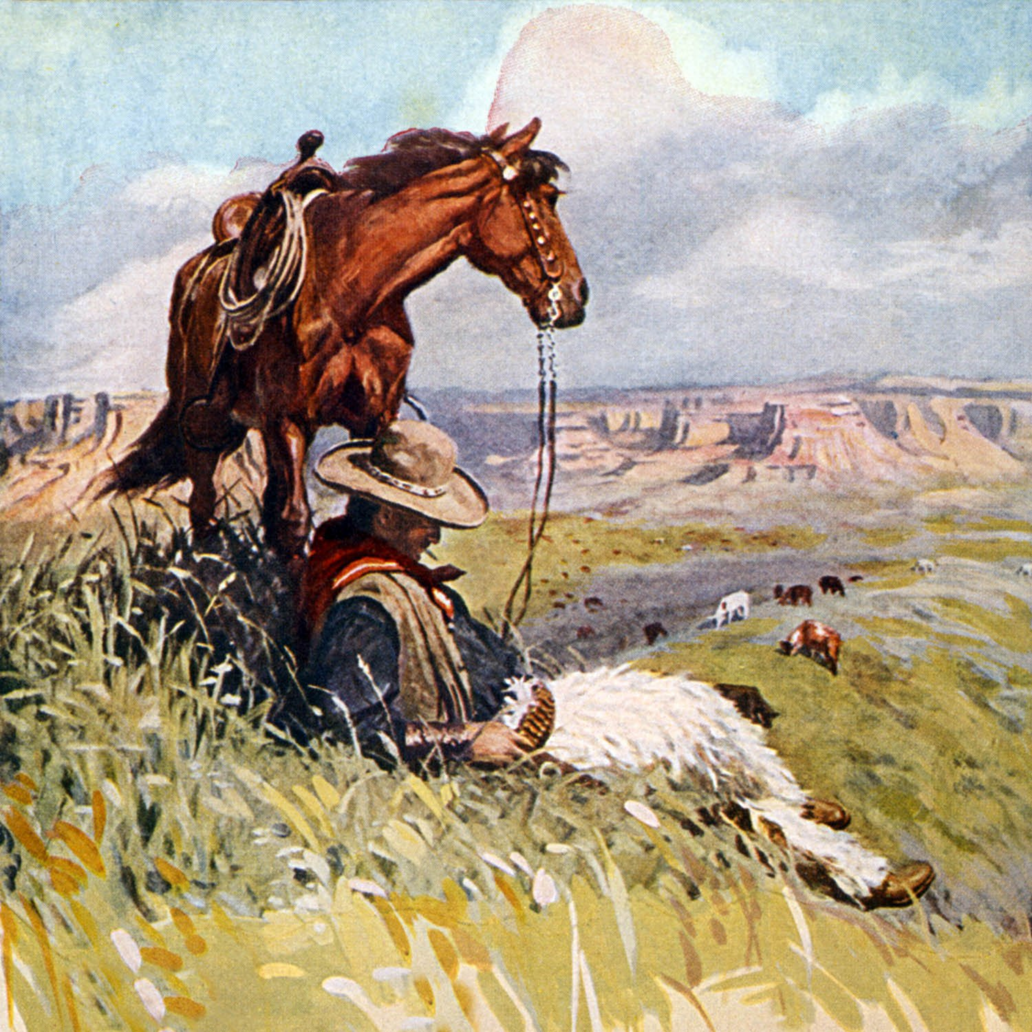 Cowboy Daydreaming - ca. 1915 Lithograph