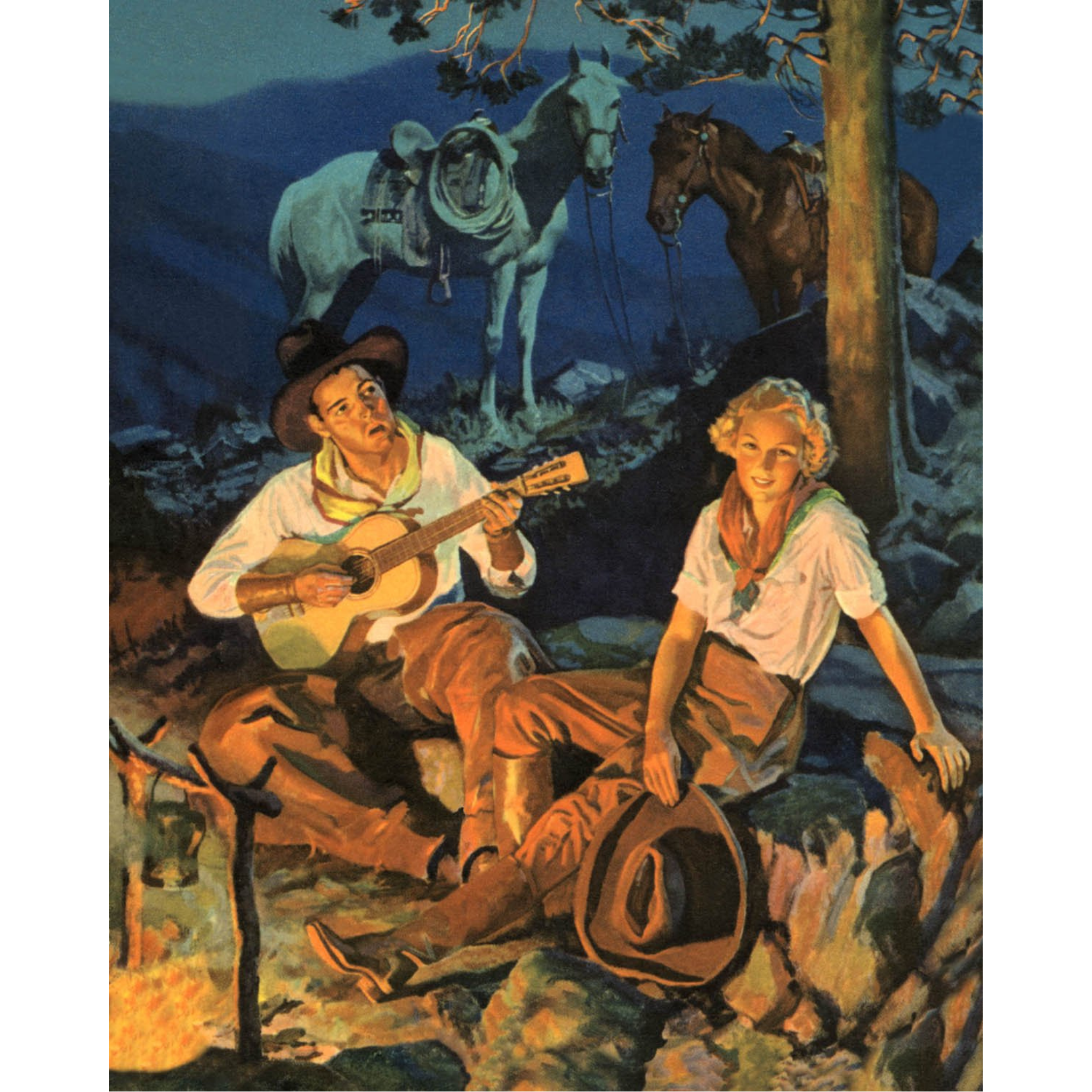 Cowboy Serenading Cowgirl at Campfire - ca. 1935 Lithograph