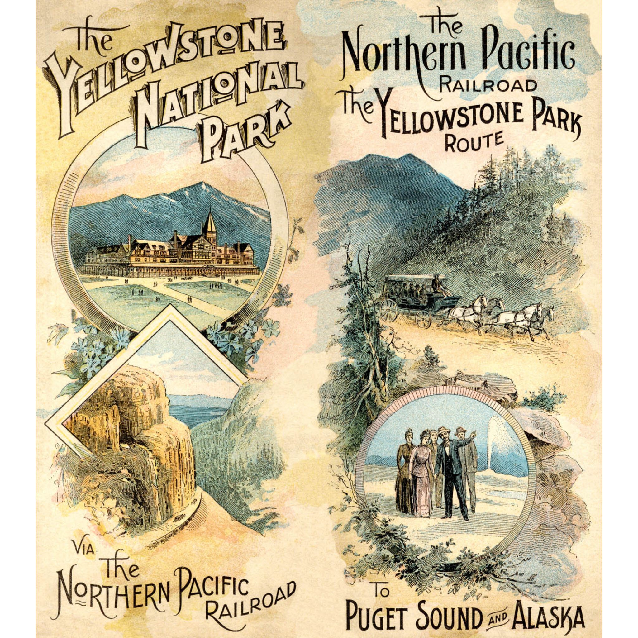 YNP via NPRR - Puget Sound and Alaska - ca. 1893 Chromolithograph